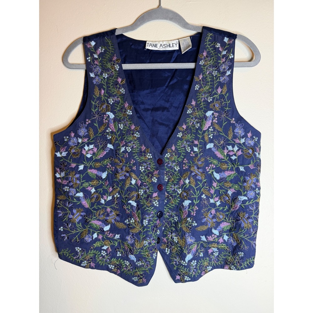 Vintage Jane Ashley Petite Floral Embroidered Vest Navy Blue Folkcore Eclectic